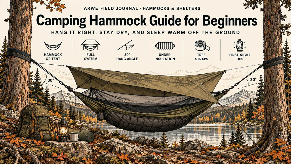 ALT: Camping hammock guide for beginners cover with a hammock under a tarp, 30-degree hang-angle markers, wide tree straps, underquilt insulation, and a forest lakeside campsite.