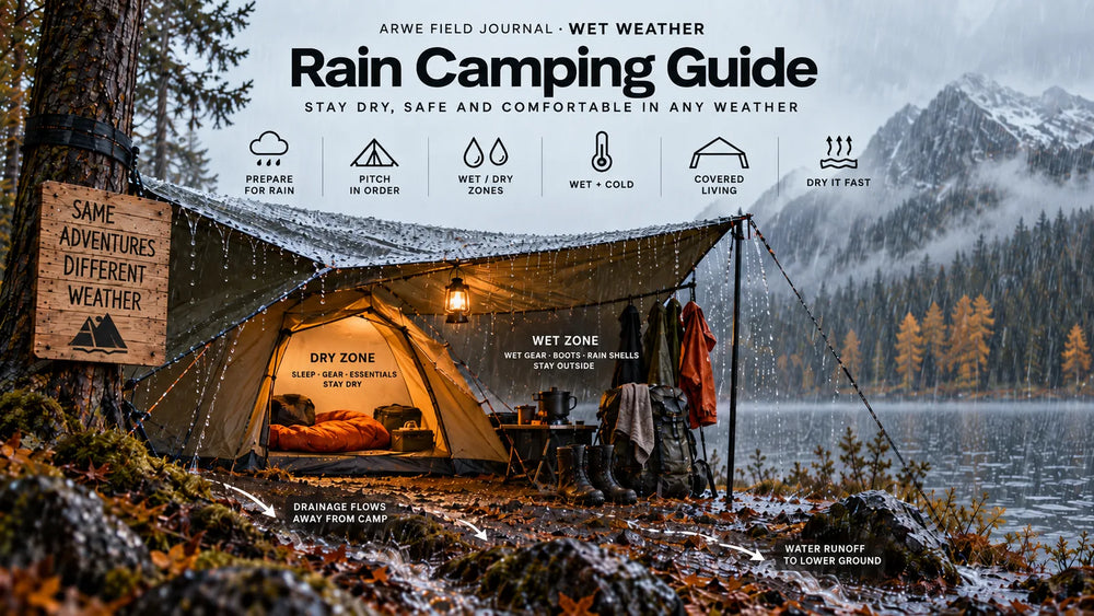 Rain camping guide cover showing a tarp-covered tent in heavy rain, clearly separated wet and dry zones, drainage runoff, warm lantern light, and a misty mountain lake campsite.