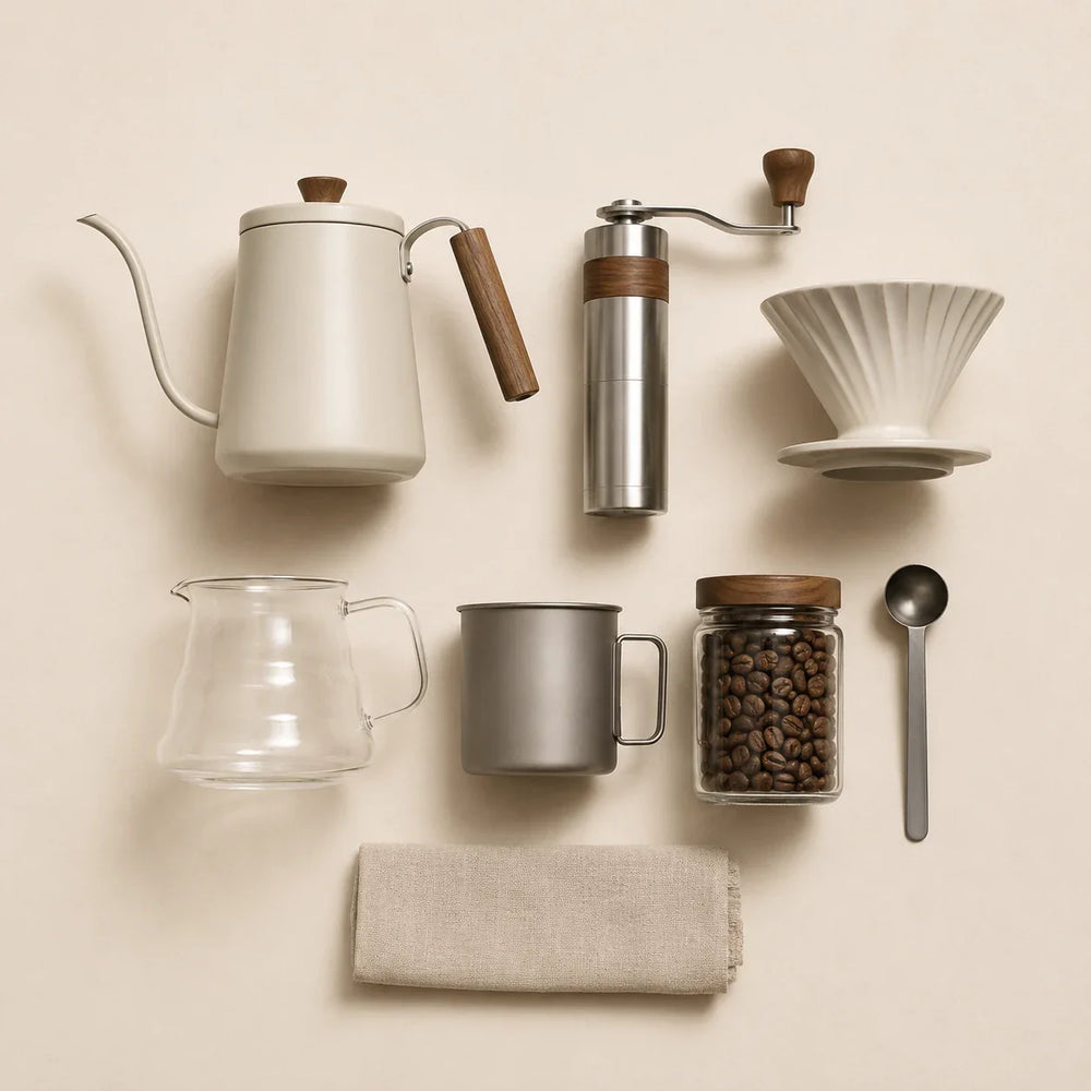 Pour-over kettle, manual grinder, dripper, carafe, mug and coffee beans flat lay