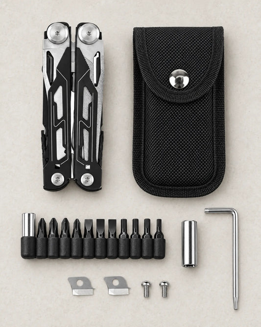 Black folding multi-tool set with nylon pouch, screwdriver bits, extension socket, hex key and spare cutters.