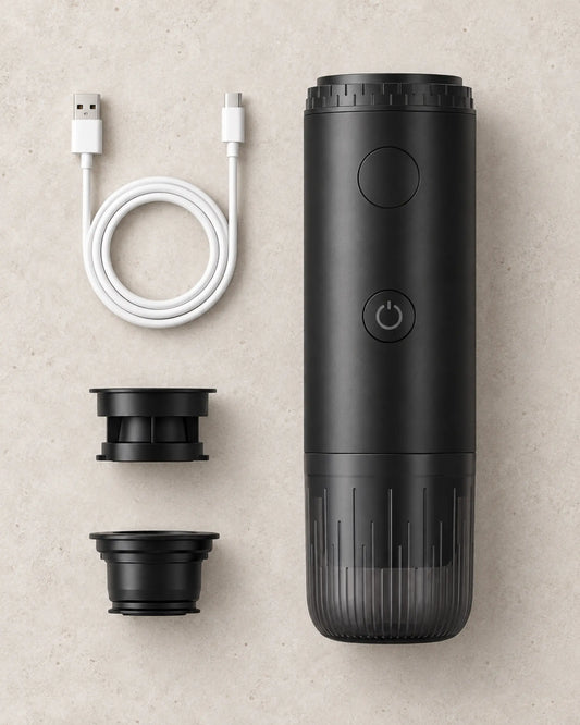 Black 3-in-1 portable espresso maker flat-lay with a USB Type-C cable and two brewing adapters.