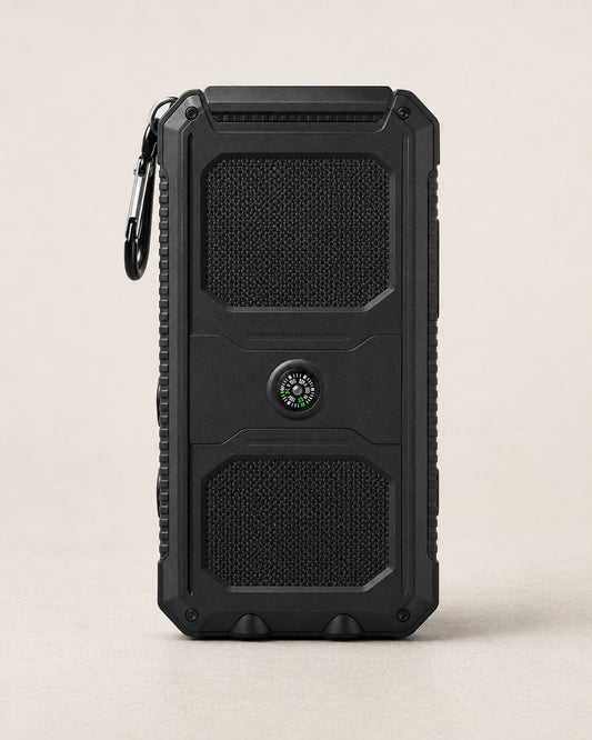 Rear view of black 80000mAh solar power bank showing built-in analog compass, rugged housing and carabiner
