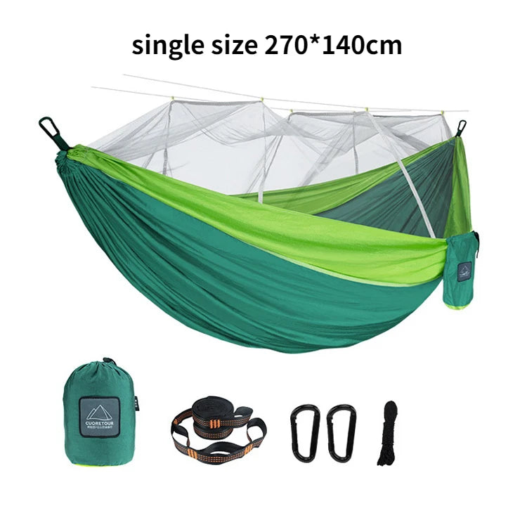 Single and Double Size Nylon Fabric Portable Travel Outdoor Camping Hanging Sleeping Hammock with Mosquito Net