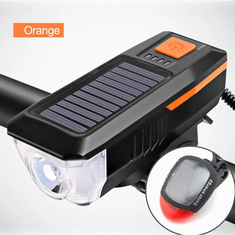 Rechargeable Bike Headlight with Horn — Solar & USB MTB Road Cycling Light Set