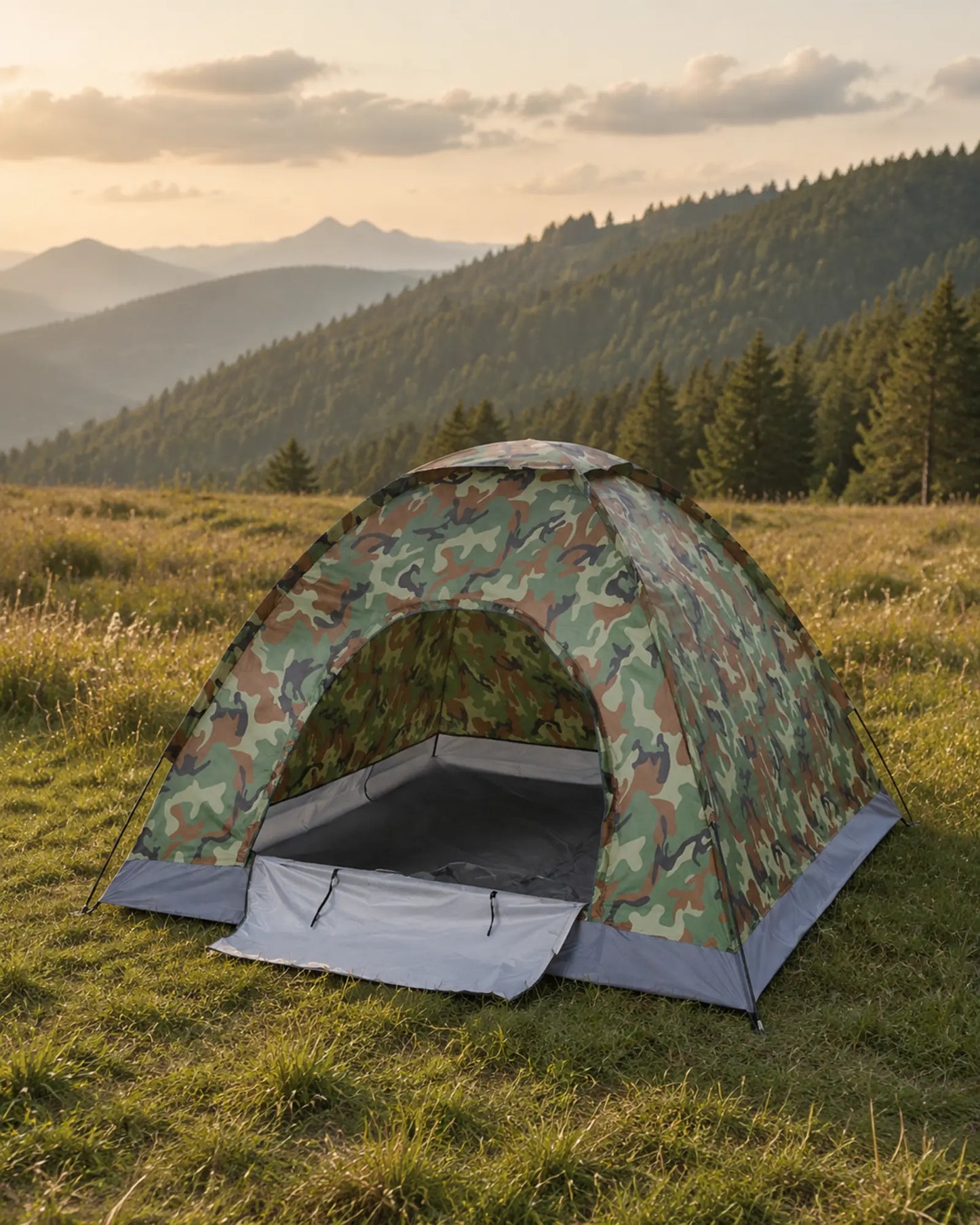 Camouflage portable dome tent on a quiet alpine meadow at golden hour