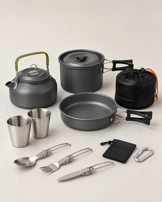 Grey anodized aluminum camping cookware set from the left three-quarter angle