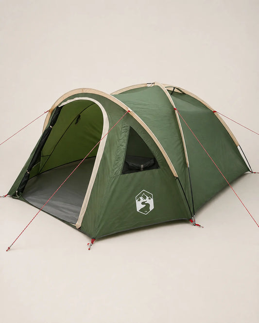 Green dome camping tent shown from the right three-quarter studio angle