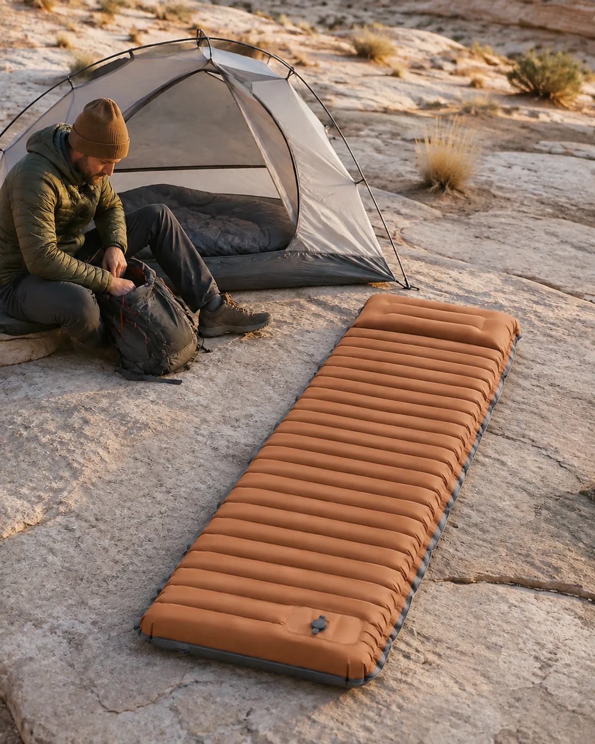 Sand with Grey camping pad beside a tent at a desert campsite