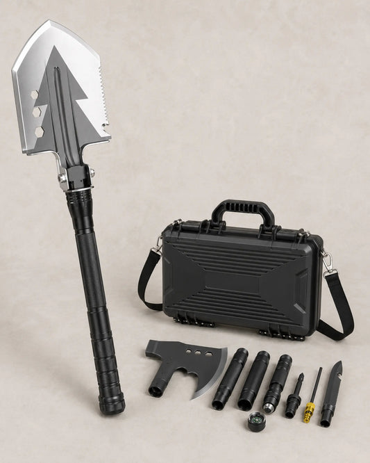 Black aluminum camping shovel shown from the left three-quarter studio angle