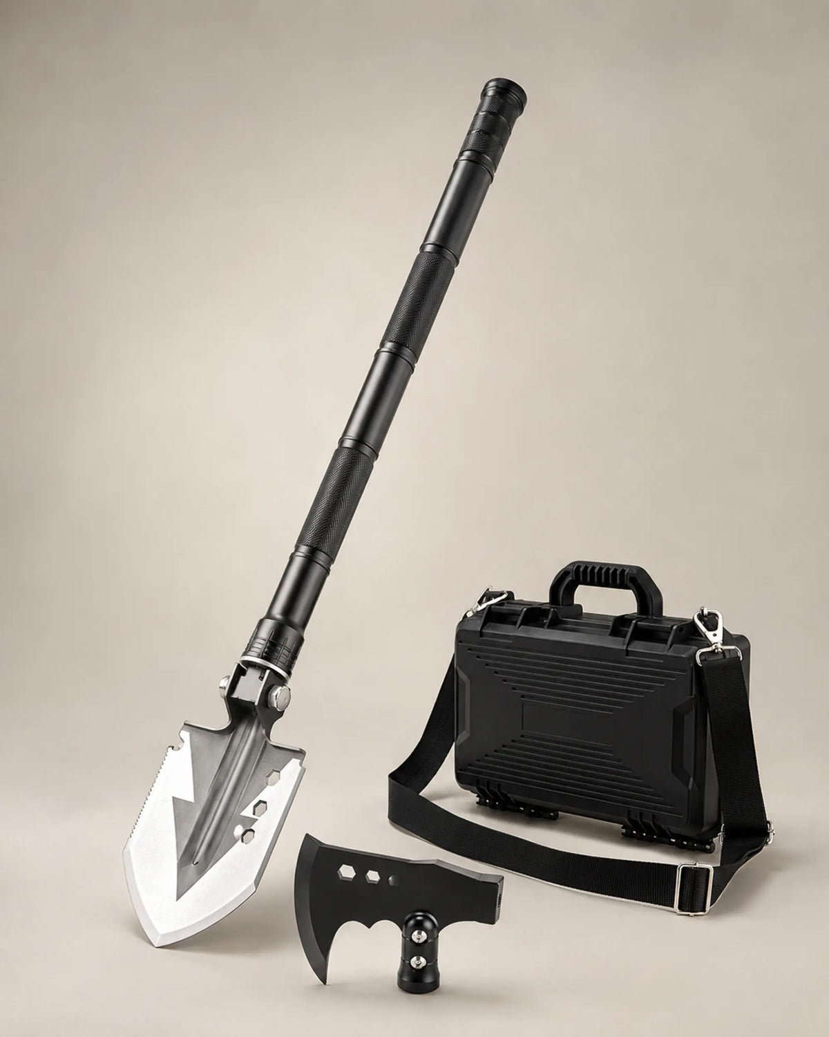 Multifunction camping shovel and hard case from the right three-quarter angle