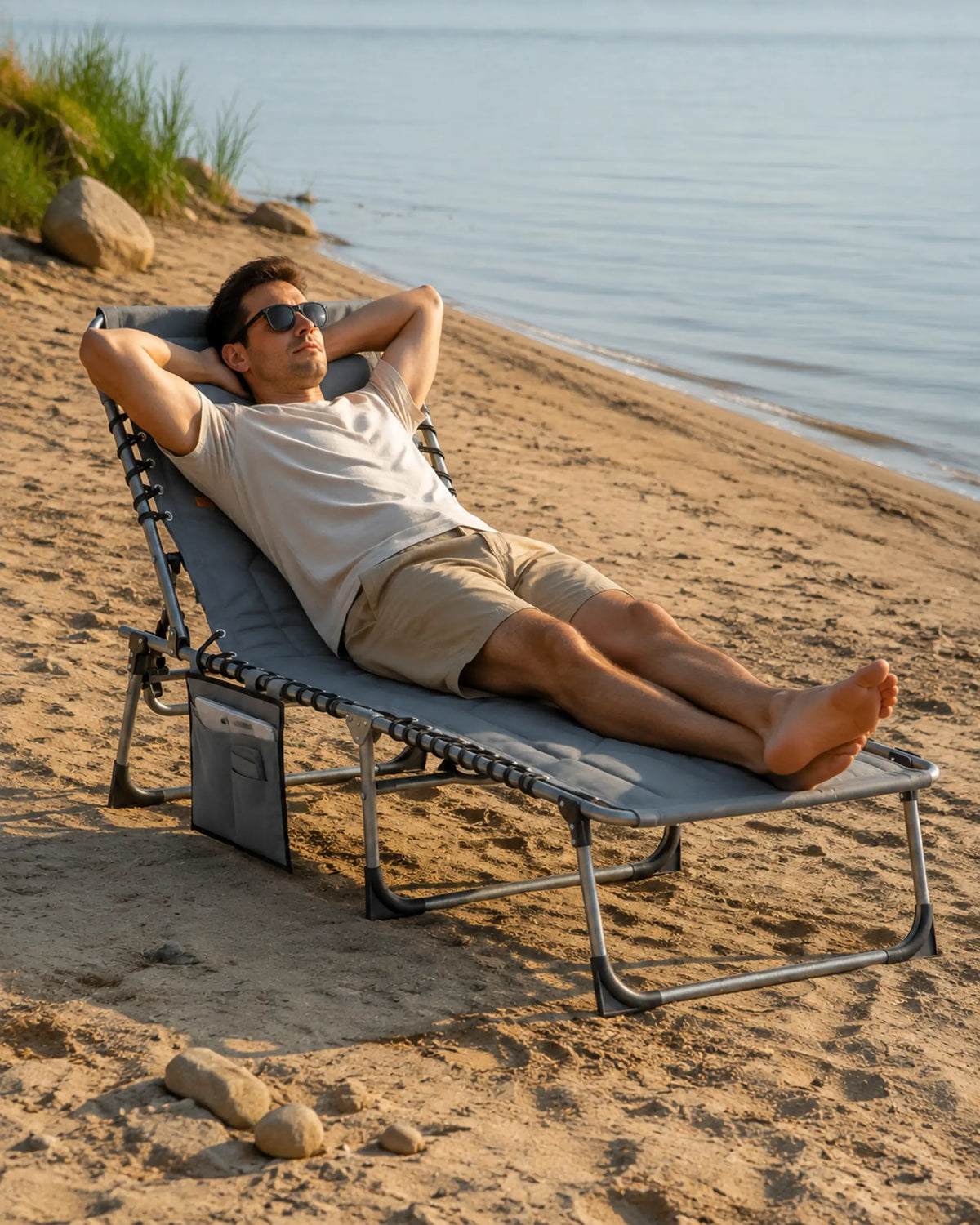 Camper relaxing on a grey padded folding chaise lounge beside a calm sandy lakeshore