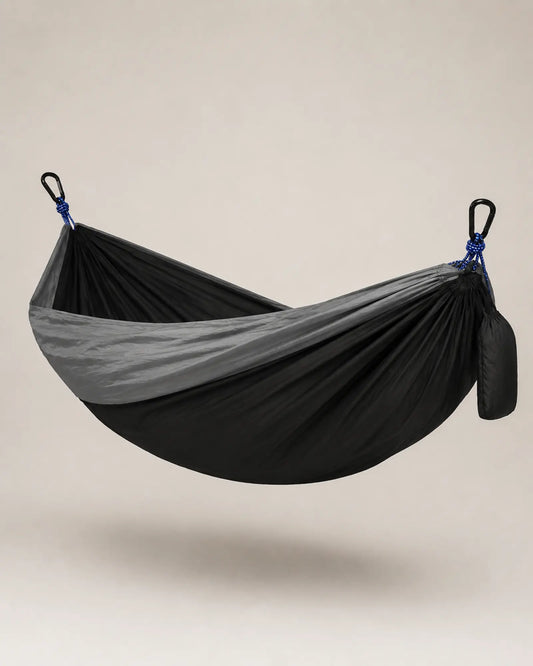 Black fight gray parachute hammock shown from the right rear angle