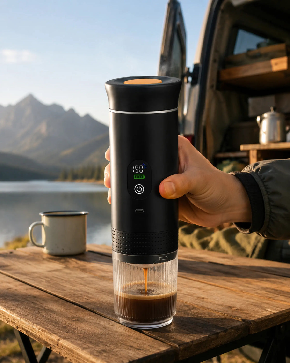 Black portable espresso machine brewing coffee beside a lakeside adventure van