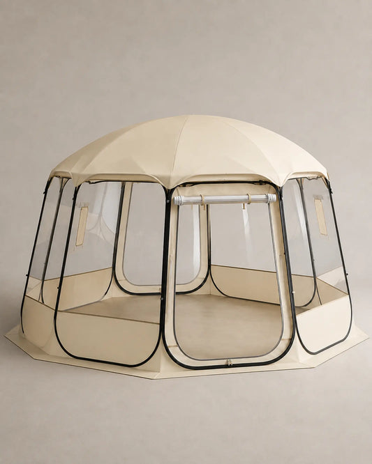 Transparent ivory bubble shelter shown from the left three-quarter angle