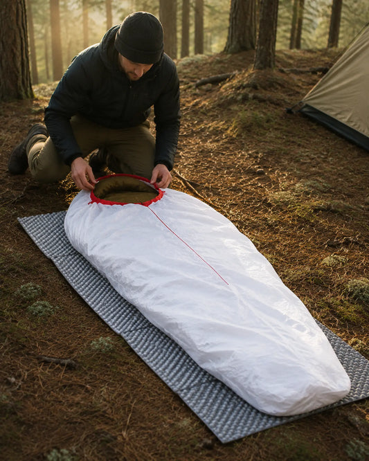 Camper arranging a White Tyvek sleep cover at a forest campsite