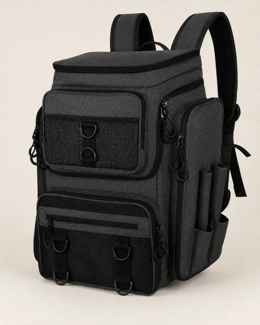 Black fishing tackle backpack viewed from the front left with mesh storage pockets
