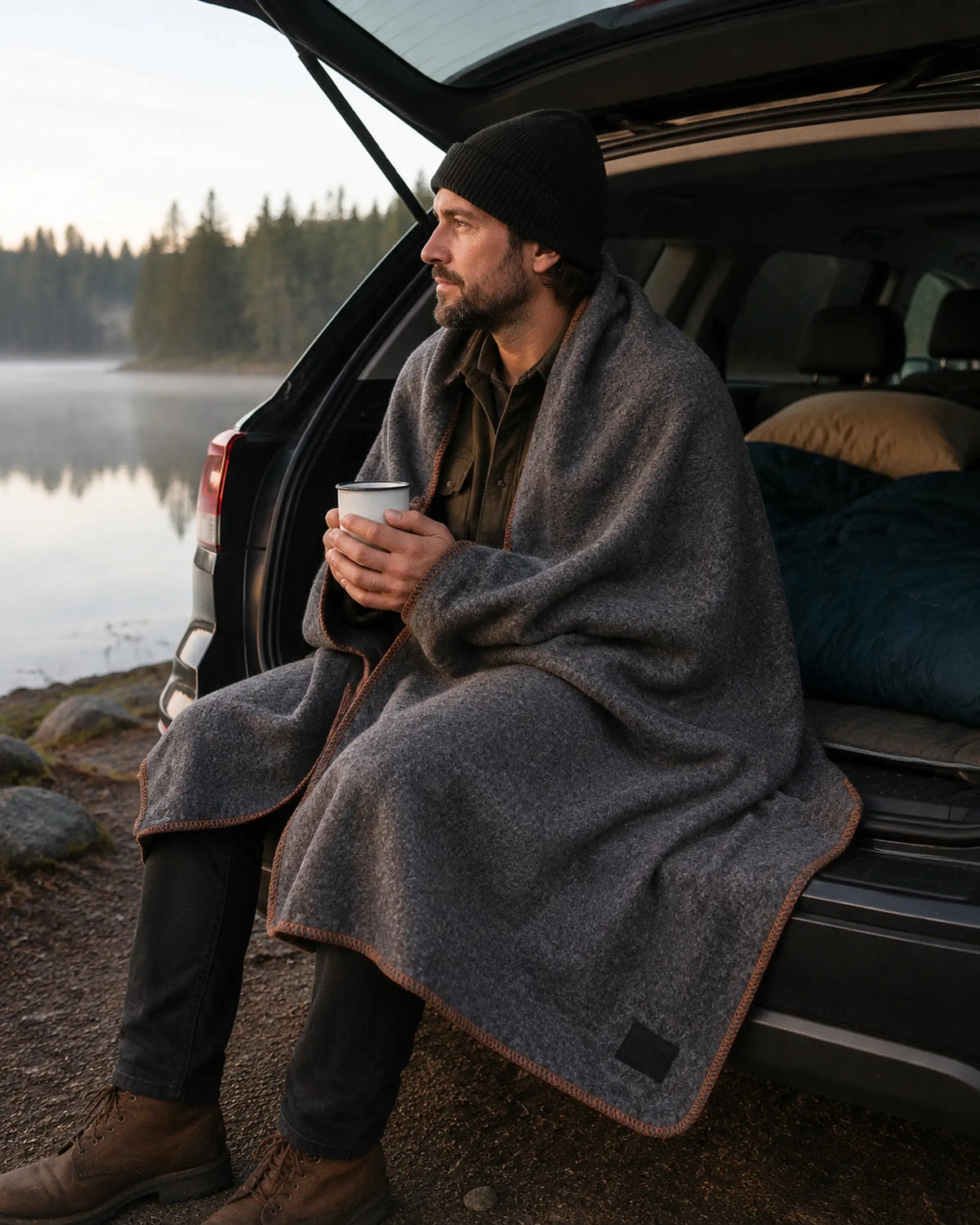 Camper wrapped in a light grey wool-blend camping blanket at an SUV tailgate beside a calm lake