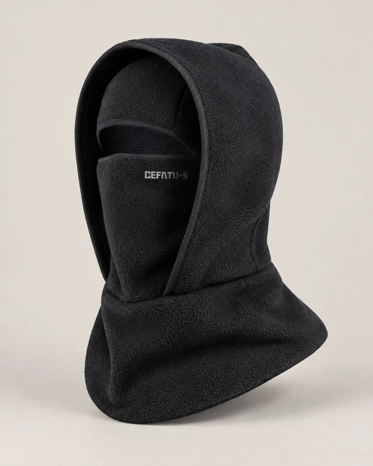 Black polar fleece winter balaclava hood shown from the right