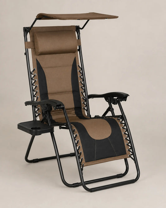 Brown zero gravity lounge chair in left three quarter studio view