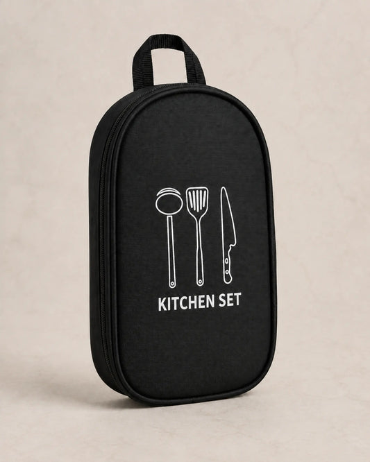 Black canvas camp kitchen organizer viewed from the front left angle