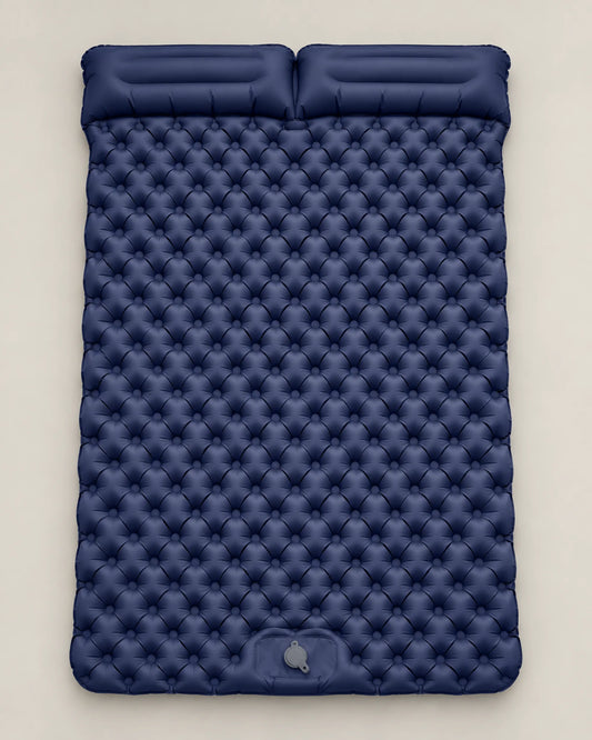 Top-down view of the navy blue double inflatable mattress and centered foot valve