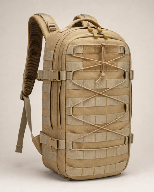 Khaki expandable tactical MOLLE backpack viewed from the left angle