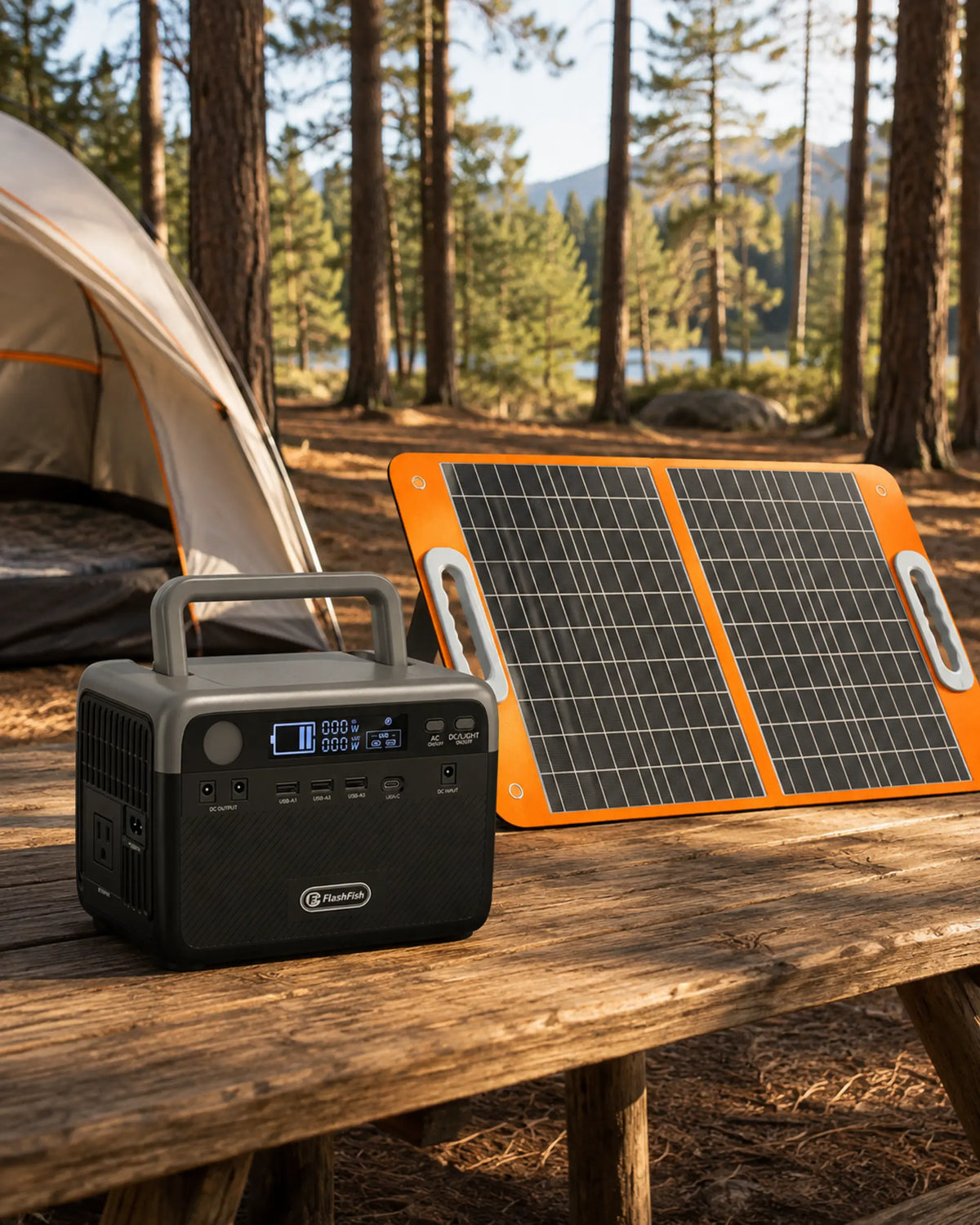 FlashFish power station and orange solar panel at a woodland campsite