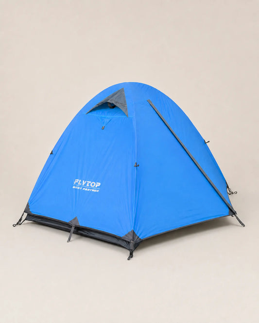 FLYTOP blue two-person waterproof camping tent photographed from the right
