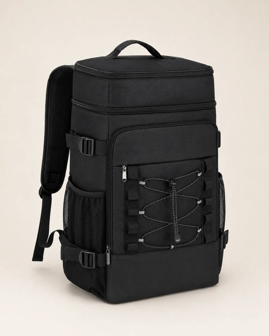 Black dual-compartment cooler backpack viewed from the left angle