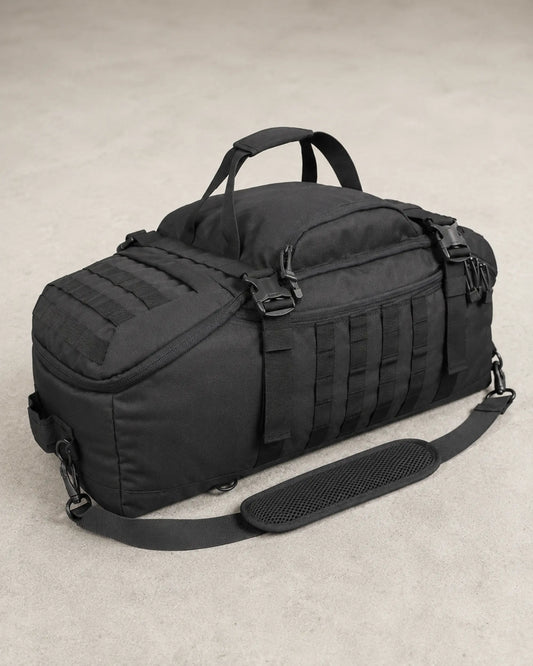 Large black convertible tactical duffel shown from the left front angle