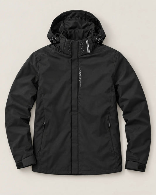 Top-down view of the black waterproof rain jacket laid flat with the hood open.