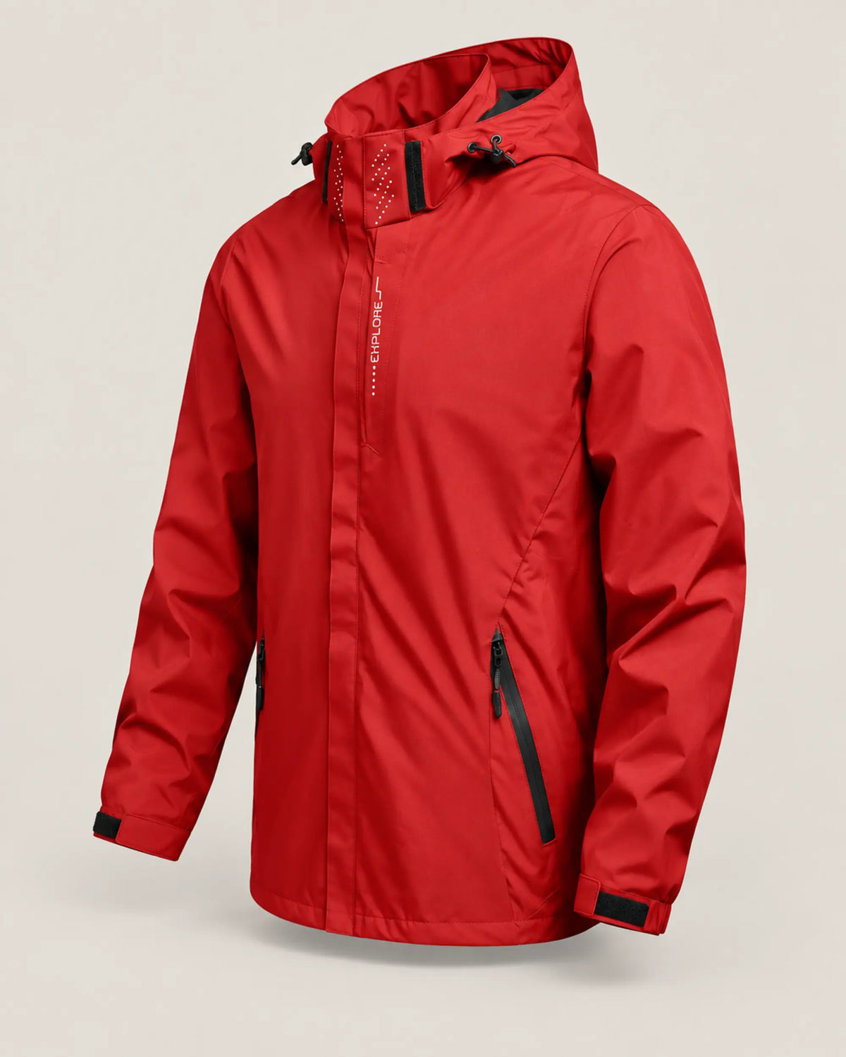 Red men's lightweight hooded rain jacket in a right three-quarter studio view.