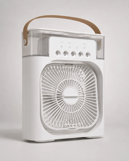 OIMG white portable USB desktop mist fan photographed from the left