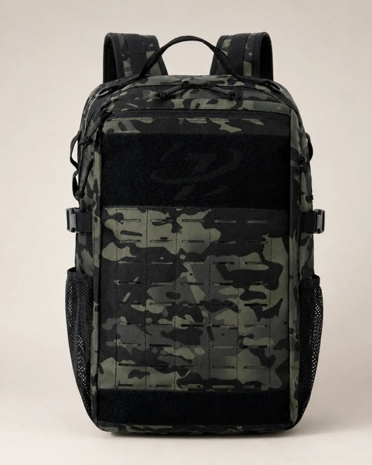 Black camo Scione MOLLE tactical backpack with dual mesh side pockets