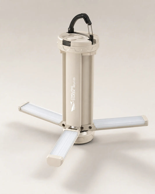 Left angle of Smiling Shark LY-0287B rechargeable camping lantern with three adjustable LED panels