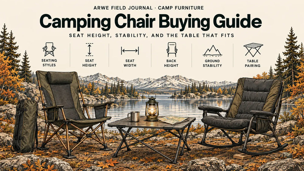 Camping chair buying guide cover with two camp chairs, a low camp table, lantern, and autumn lakeside campsite showing seat height, stability, and table pairing.