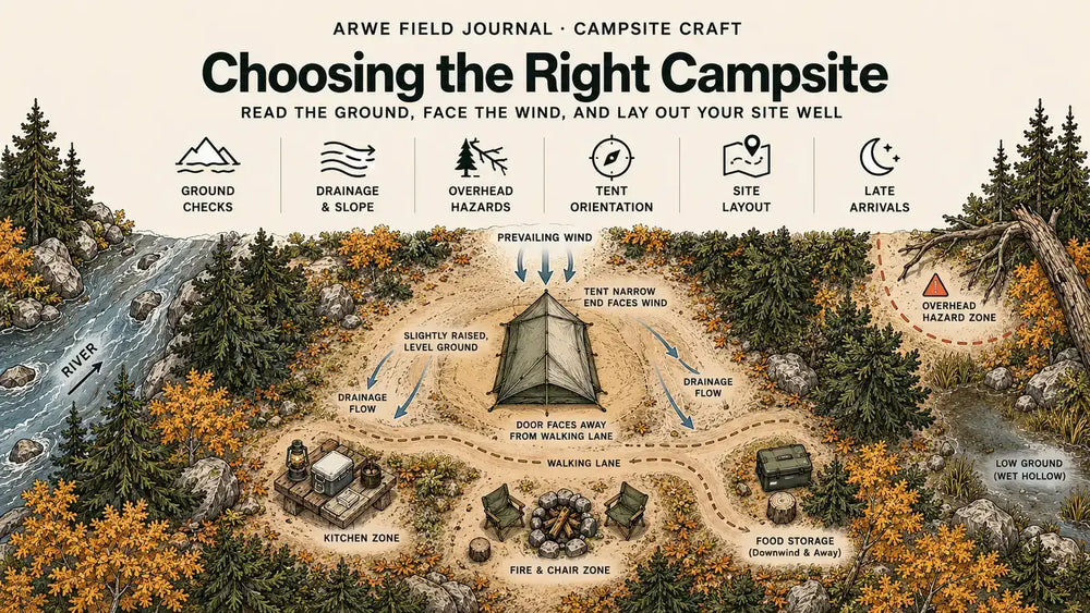 Choosing the right campsite guide with a top-down layout showing tent orientation, prevailing wind, drainage flow, raised ground, overhead hazards, kitchen, fire zone, walking lane, food storage, river, and wet low ground.