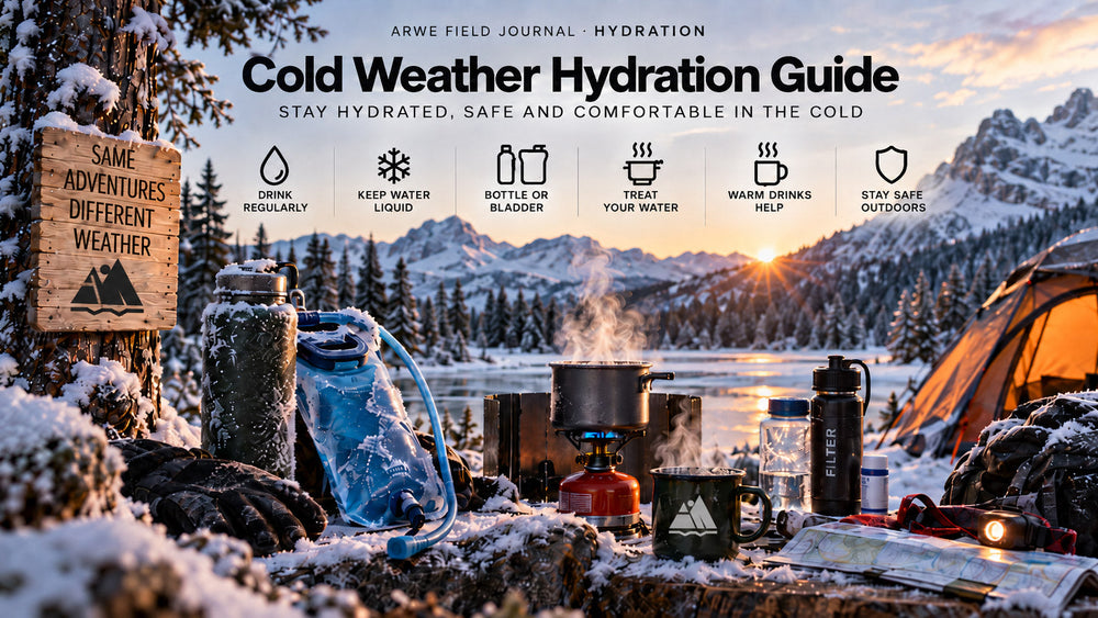 Cold weather hydration guide showing insulated bottles, a hydration bladder, boiling water, a water filter, a steaming mug, and winter camping gear at a snowy mountain campsite.
