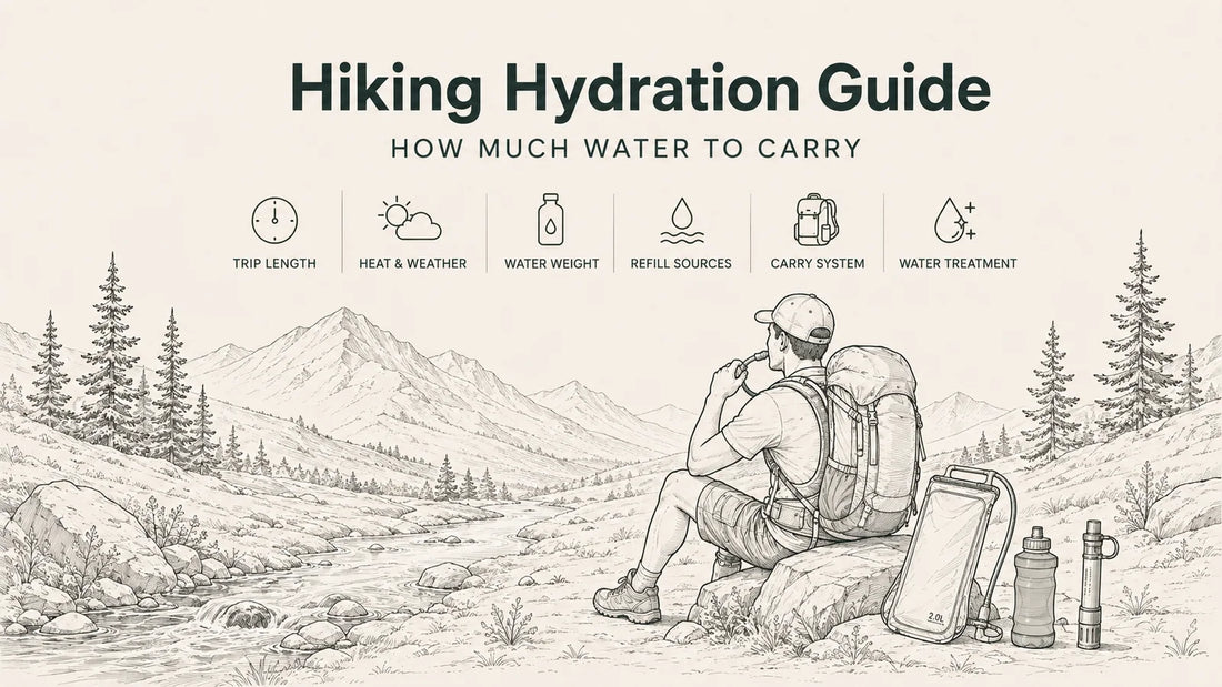 Hiker drinking from a hydration backpack while walking on a mountain trail