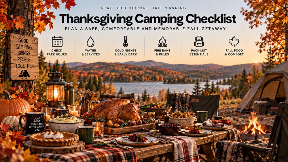 Thanksgiving camping checklist cover showing a family-style autumn campsite dinner with roast turkey, lantern, campfire, chairs, tent, and a lakeside fall landscape.
