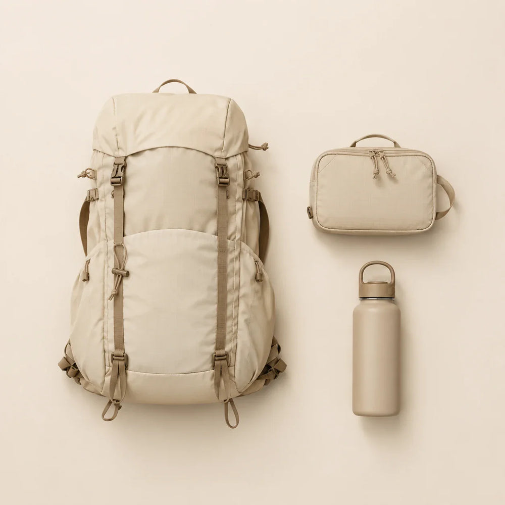 Hiking backpack, travel organizer pouch and insulated water bottle flat lay