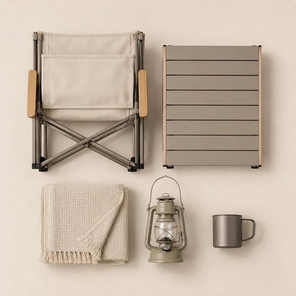 Folding camp chair, aluminum table, blanket, lantern and camping mug flat lay