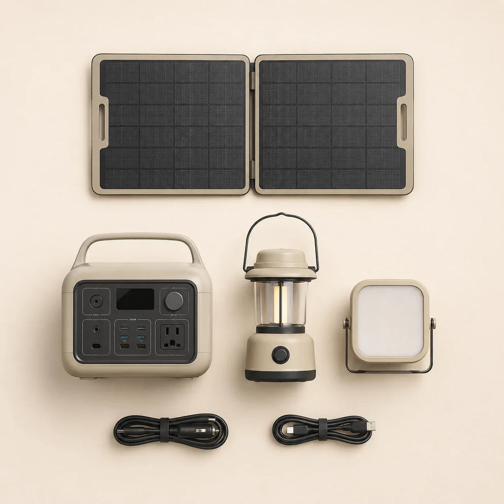 Portable power station, solar panel, camping lanterns and charging cables flat lay