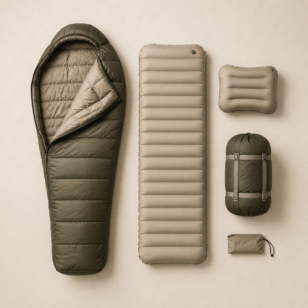 Sleeping bag, inflatable sleeping pad, camp pillow and stuff sack flat lay