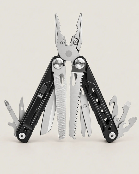 Black 16-in-1 multi-tool fully opened to show the pliers, knife, saw, file, scissors, drivers and openers.