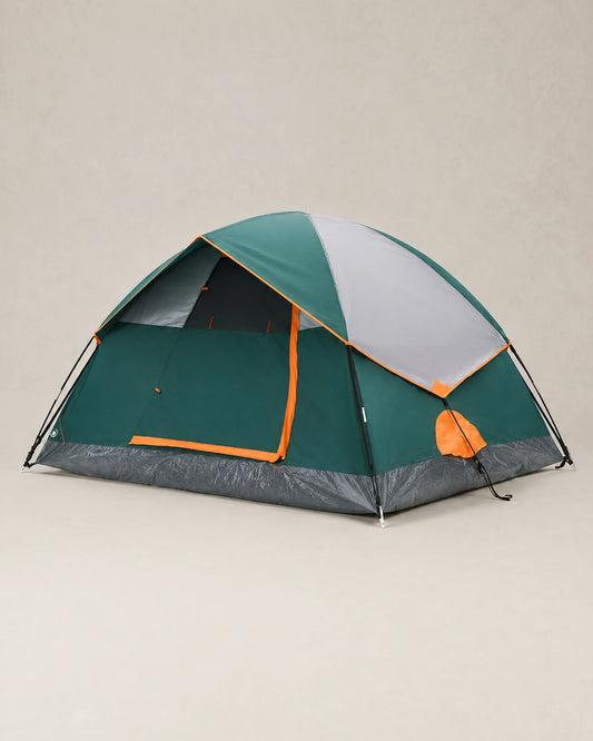 2-4 person waterproof dome tent in green and orange, back view
