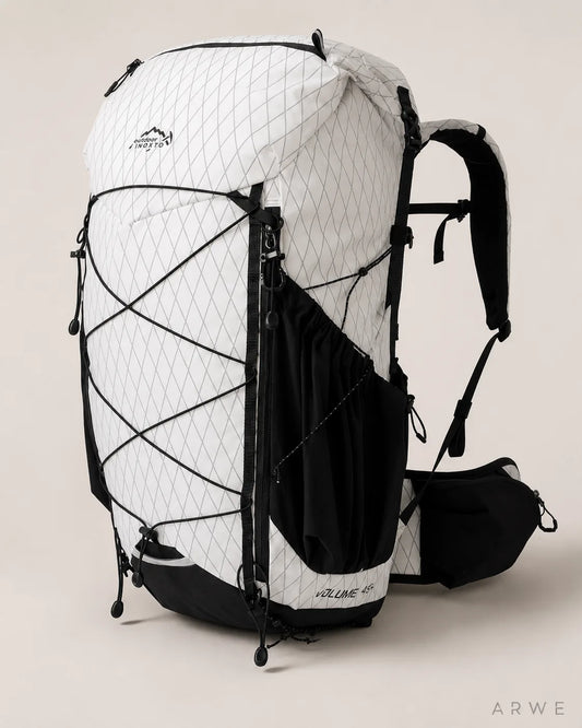 45L hiking backpack in white, left-angle view showing logo and cord lacing