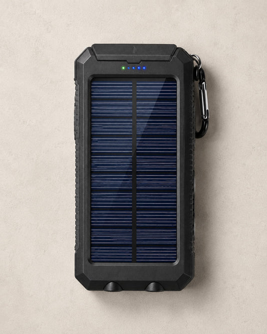 Top view of black 80000mAh solar power bank with solar charging panel, LED battery indicators and carabiner