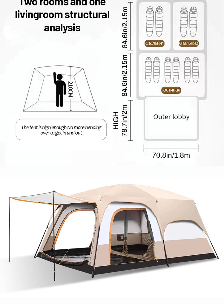 8-12 Person Family Tent | 2 Bedrooms + Living Room, 4-Season