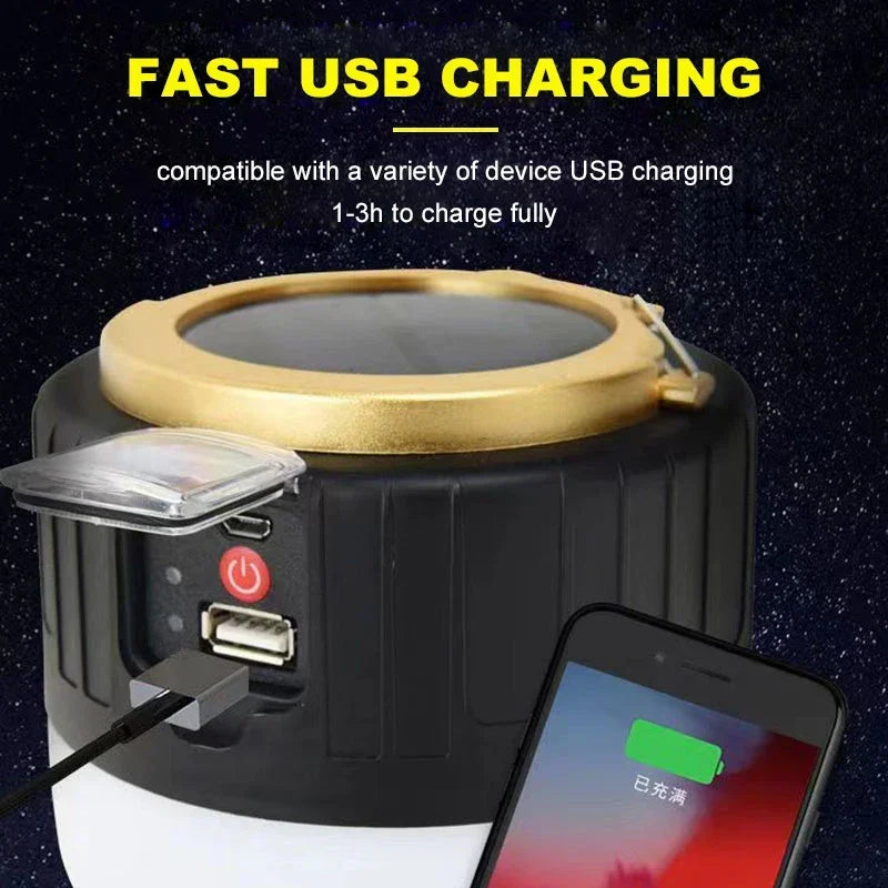 Solar LED Camping Lantern — USB Rechargeable Waterproof Tent Light for Hiking & BBQ